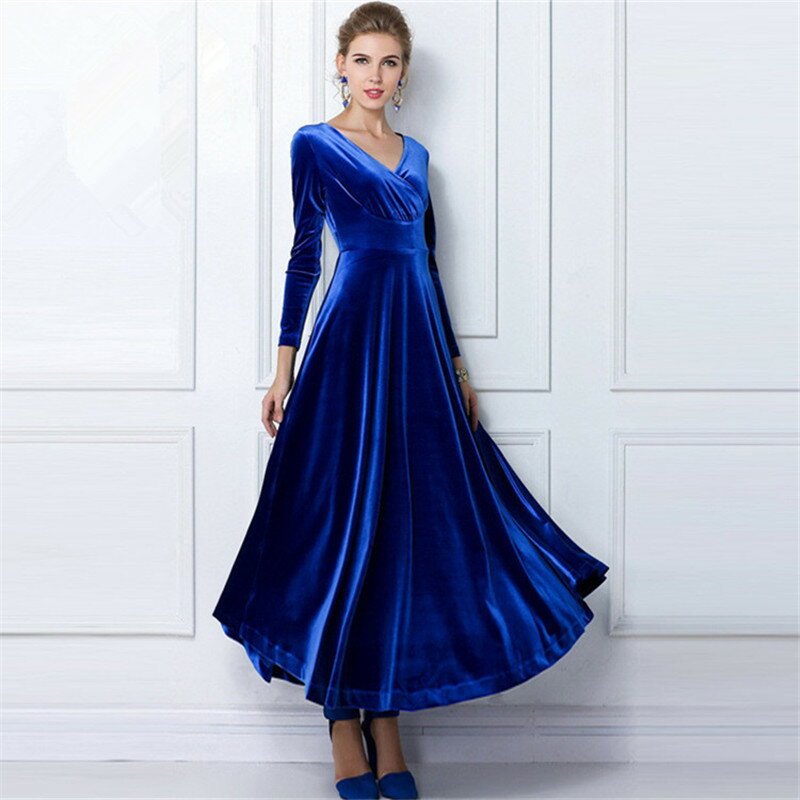 Rakuten - ベルベットワンピース マキシ丈 厚め マキシワンピース ベロア レディース ワンピース ロング丈 長袖 ロングワンピース ロングドレス 大きいサイズ 体型カバー 暖かい Vネック ゆったり ハイウエスト