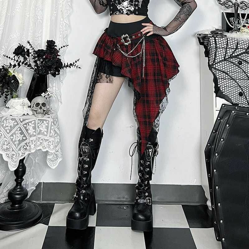 乐天商城 - ゴシック風 赤 不規則 チェックスカート ベルト付き 大人 ダンス衣装 パンク風 ゴシック風 原宿系 ジャズダンス衣装 個性的 欧パンク風 ィジュアル系 パーティー衣装 舞台衣装 ステージ衣装 イベント 仮装 文化祭 学園祭 演出服 舞踏会 ハロウィン衣装 ハロウィン