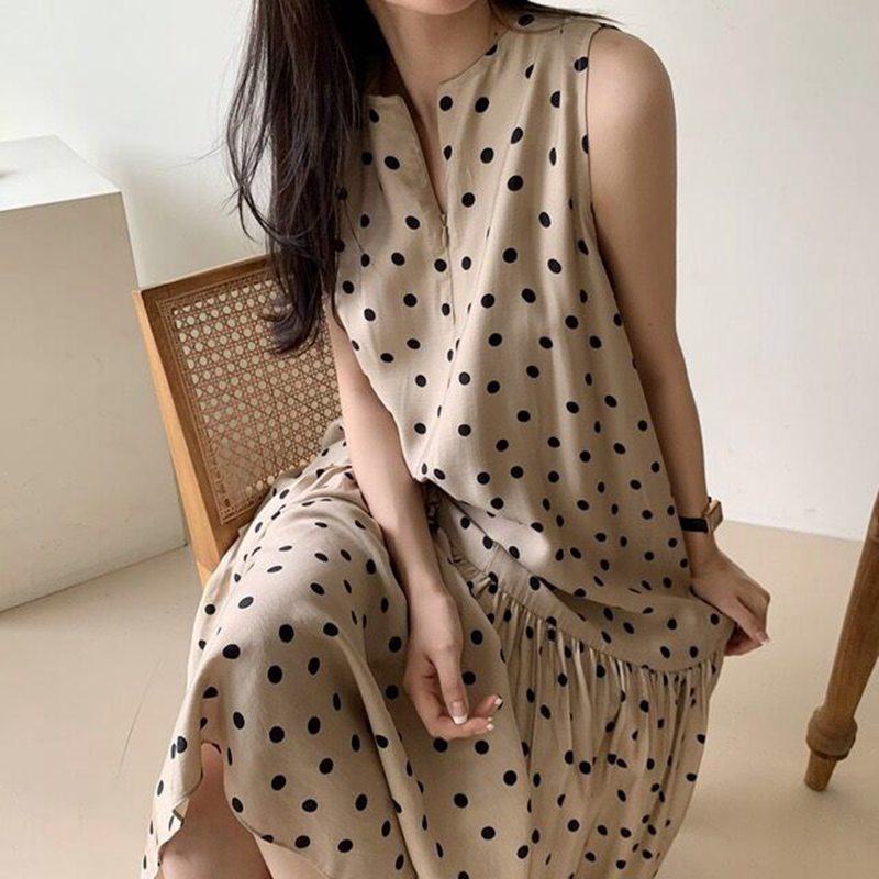 Rakuten - ノースリーブ ワンピース レディース ドット柄 夏ワンピース マーメイド フレアワンピース ロング丈 大きいサイズ 夏 ワンピース 水玉柄 ロング ノースリーブ 無袖 ワンピース お洒落 きれいめ 体型カバー 着痩せ