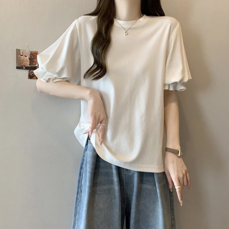 Rakuten - バルーン袖 Tシャツ レディース 半袖 ゆったり シルエット 韓国オシャレ 夏服 カジュアル チュニック トップス 無地 白 黒