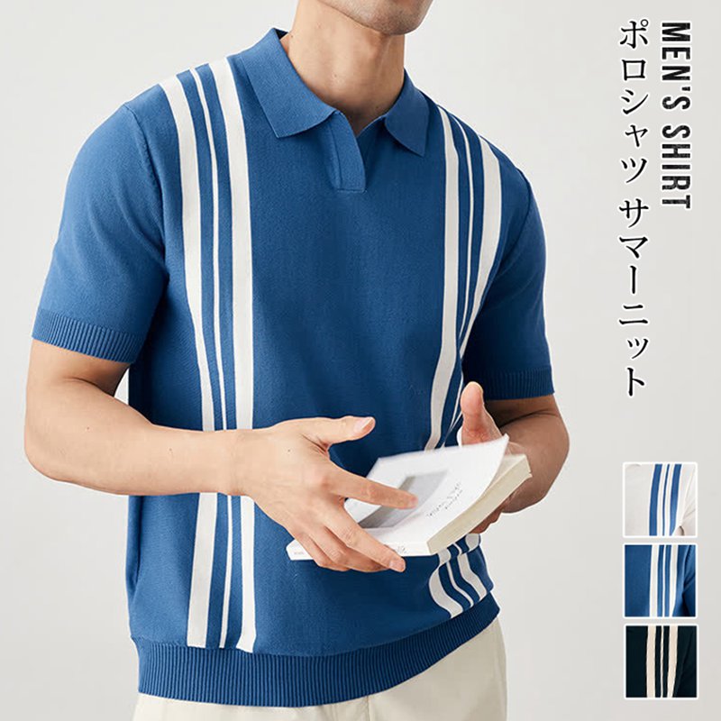 乐天商城 - ポロシャツ サマーニット メンズ 夏 ストライプ Vネック スキッパー 接触冷感 アイスシルク 半袖 タイト スリム 細身 ビジネス カジュアル ビジカジ きれいめ 吸汗速乾 涼しい ゴルフウェア おしゃれ トップス