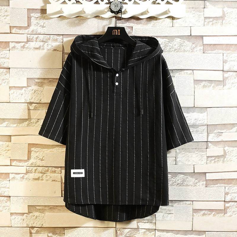乐天商城 - パーカー メンズ 春夏 半袖 パーカーシャツ フード付き トップス tシャツ 5分袖 ゆったり ストライプ柄 薄手 夏物 ゆったり おしゃれ Tパーカー カジュアル ビッグシルエット ダンス