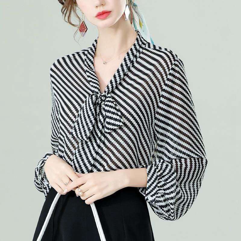 Rakuten - ボウタイブラウス ストライプ レディース プリント V ネック レトロ シフォン トップス オシャレ エレガント スプリングコーデ 春新作 2026