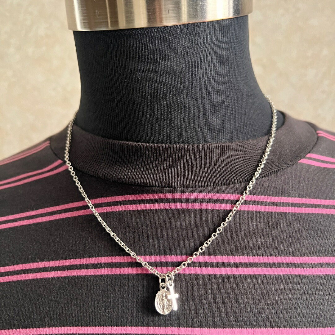 シルバー マリアメダイ＆クロスネックレス ダブルチャームネックレス 50cmメンズ レディース チェーンネックレス アクセサリー ファッション アイテム おしゃれ 流行 銀 小豆チェーン シンプルネックレス ワンポイント ベーシックサイズ