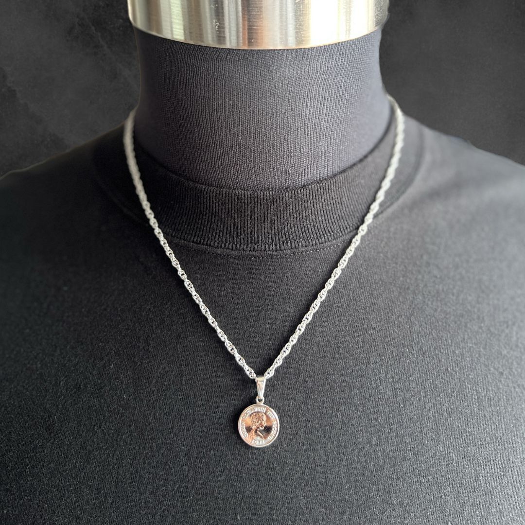 シルバー ロープチェーン コインネックレス 50センチ メンズ レディース ネックレス アクセサリー デザインチェーン 短め 短い ショート 送料無料 オリジナルブランド エリザベス女王 硬貨