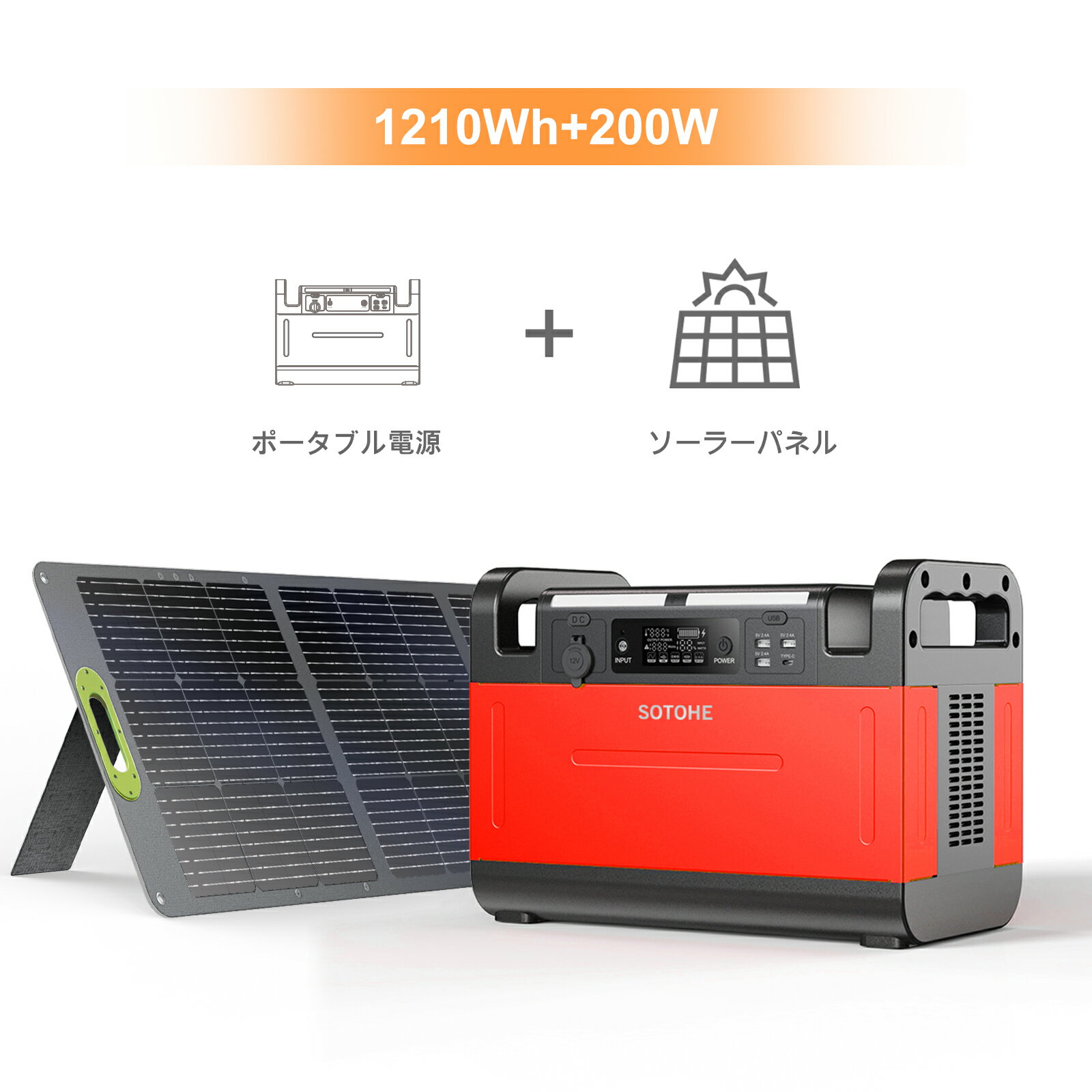 【2点/セット】ポータブル電源 ソーラーパネル セット 1500W 大容量 1210Wh 折りたたみ 200W ETFE 23 高転換率 ポータブルバッテリー リン酸鉄 家庭用 初心者 車中泊 連泊キャンプ 地震 台風 災害用 蓄電池ポタ電 ポータブル電源ソーラー 電気代節約