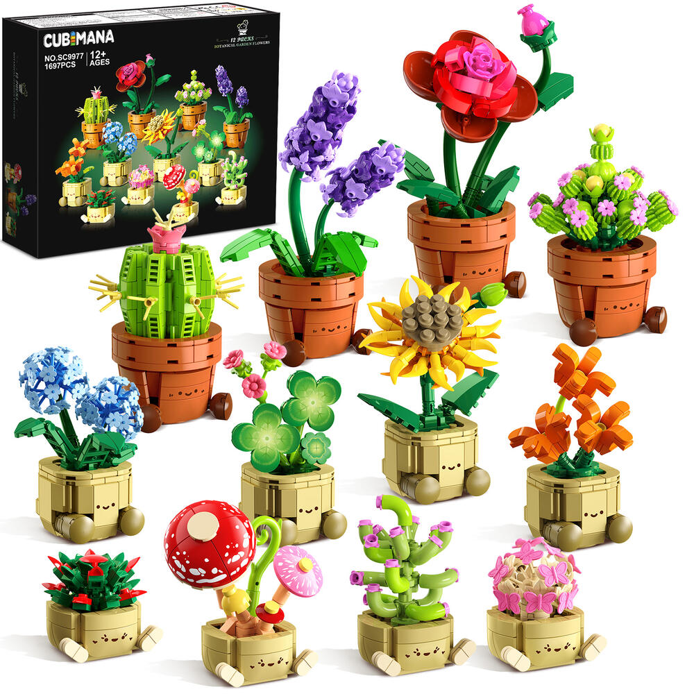 Rakuten - 12点セット フラワーブロック ミニブロック 1697PCS 多肉植物 ボタニカル 組み立てキット マイクロブロック 3.6mm インテリア DIY おしゃれ 室内飾り 癒しグッズ ホーム オフィス イースター 誕生日 プレゼント ギフト 大人 子供 12歳以上