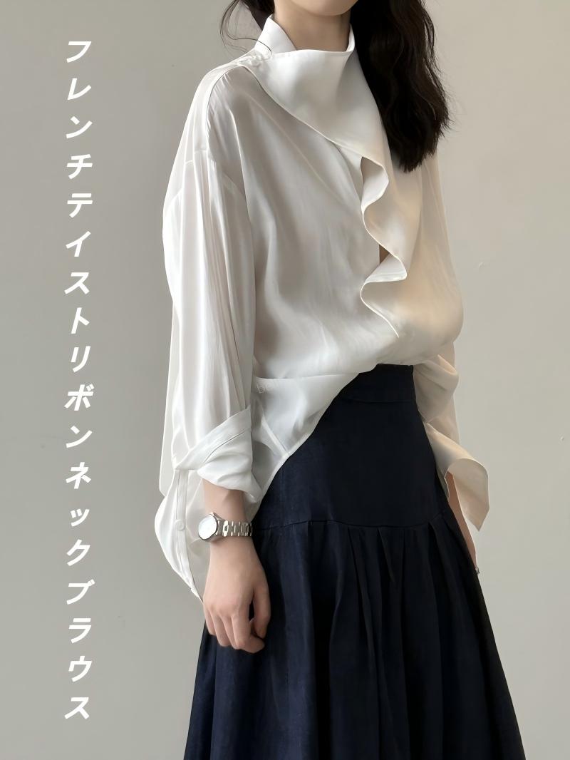 フレンチテイストリボンネックブラウ...