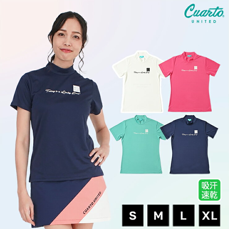 Mock neck shirt, short sleeve, stretch, smiley face, front logo, women's, Cuarto United golf wear, outlet, 22SS