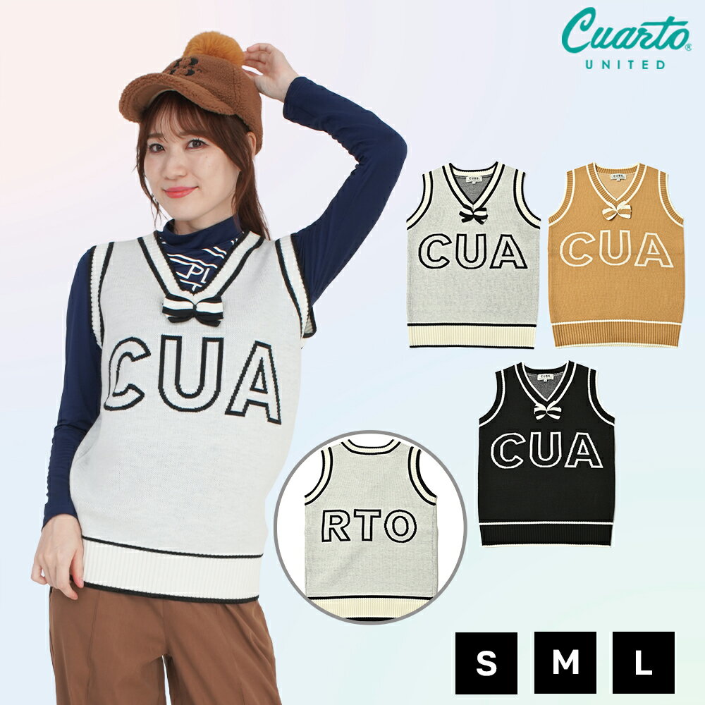 ベスト ニット リボン付き カレッジ風 ビッグロゴ レディース クアルトユナイテッド ゴルフウェア 22BASIC