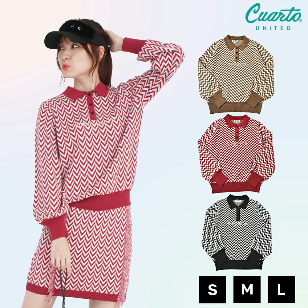 ポロシャツ ニット 長袖 ヘリンボーン柄 フロントロゴ レディース クアルトユナイテッド ゴルフウェア アウトレット 22BASIC