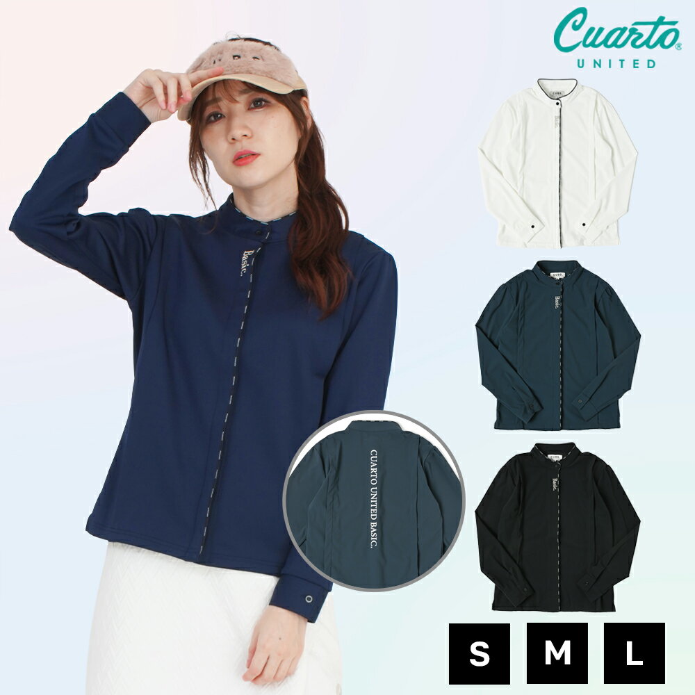 バンドカラーシャツ 長袖 ナイロン 比翼 パイピング ラメ刺繍 バックロゴライン レディース クアルトユ..