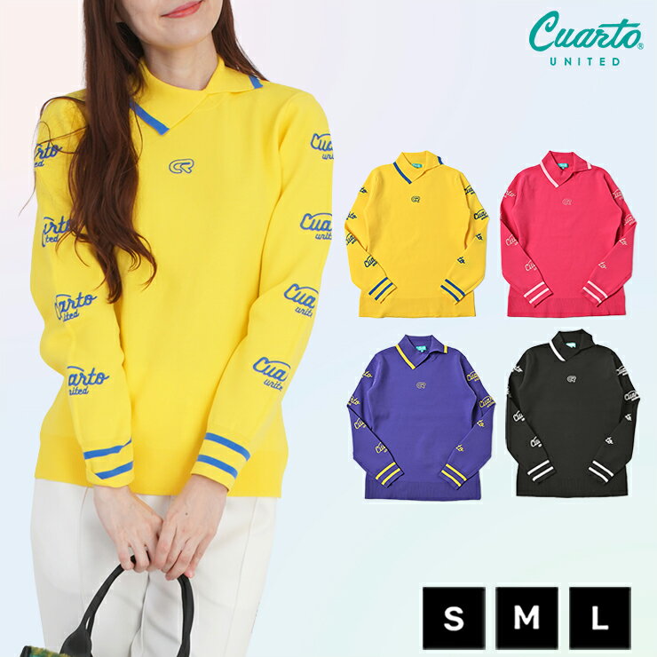 ニットトップス プルオーバー 長袖 変形襟 アーム刺繍ロゴ レディース クアルトユナイテッド ゴルフウェア セーター 22FW