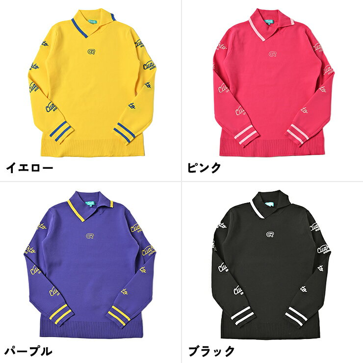 ニットトップス プルオーバー 長袖 変形襟 アーム刺繍ロゴ レディース クアルトユナイテッド ゴルフウェア セーター 22FW