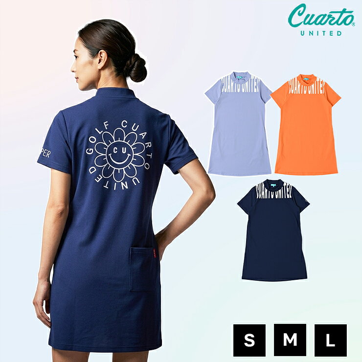 Mock neck A-line dress, short sleeves, smile flower metallic print, women's golf wear, Cuarto United, 23SS