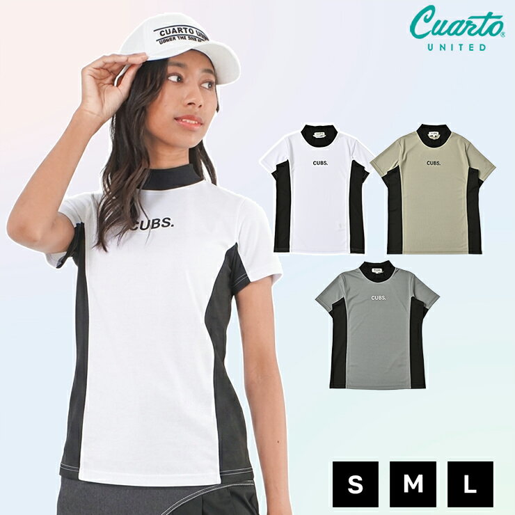 Two-tone mock neck shirt, short sleeves, pique knit, mini logo, women's, Cuarto United golf wear, 23BASIC