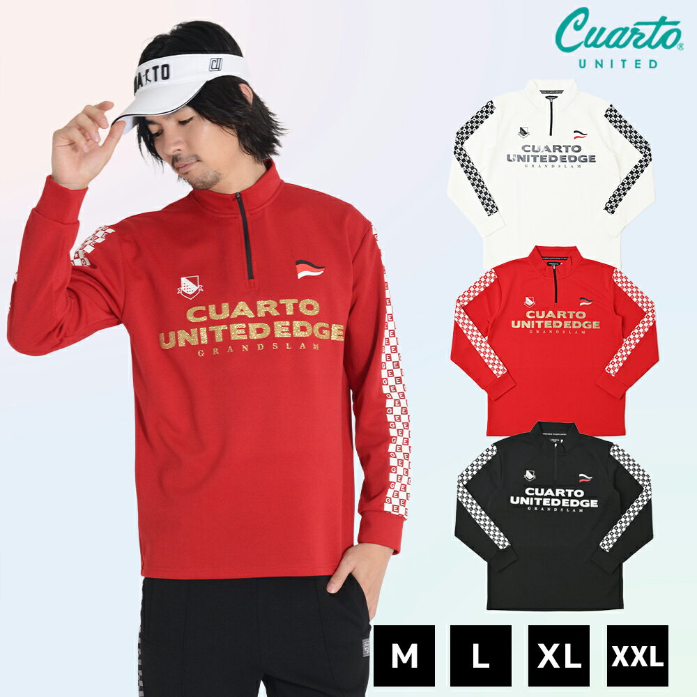 モックネック スウェット トレーナー ハーフジップ チェッカーフラッグ柄 ラメロゴ メンズ クアルトユ..