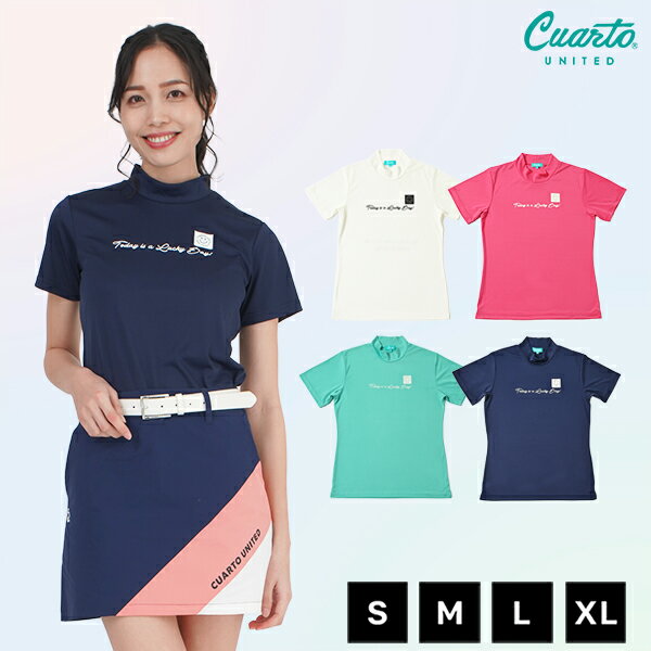 モックネック 半袖カットソー ストレッチ フロントロゴ スマイルマーク レディース クアルトユナイテッ..