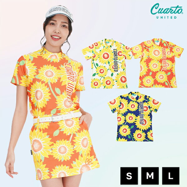 モックネック 半袖カットソー ひまわり柄 フロントロゴライン レディース クアルトユナイテッド ゴルフ..