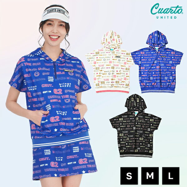 半袖パーカー フレンチスリーブ ハーフジップ ネオンロゴ総柄 レディース クアルトユナイテッド ゴルフウェア アウトレット 22SS