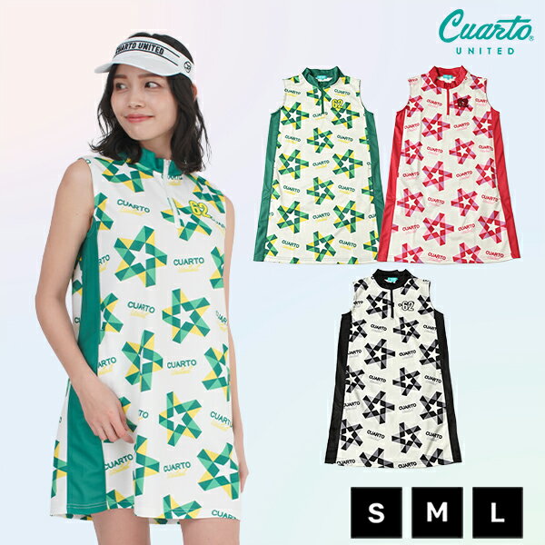 ワンピース ノースリーブ モックネック ハーフジップ 星柄 数字ロゴ ストレッチ レディース クアルトユ..