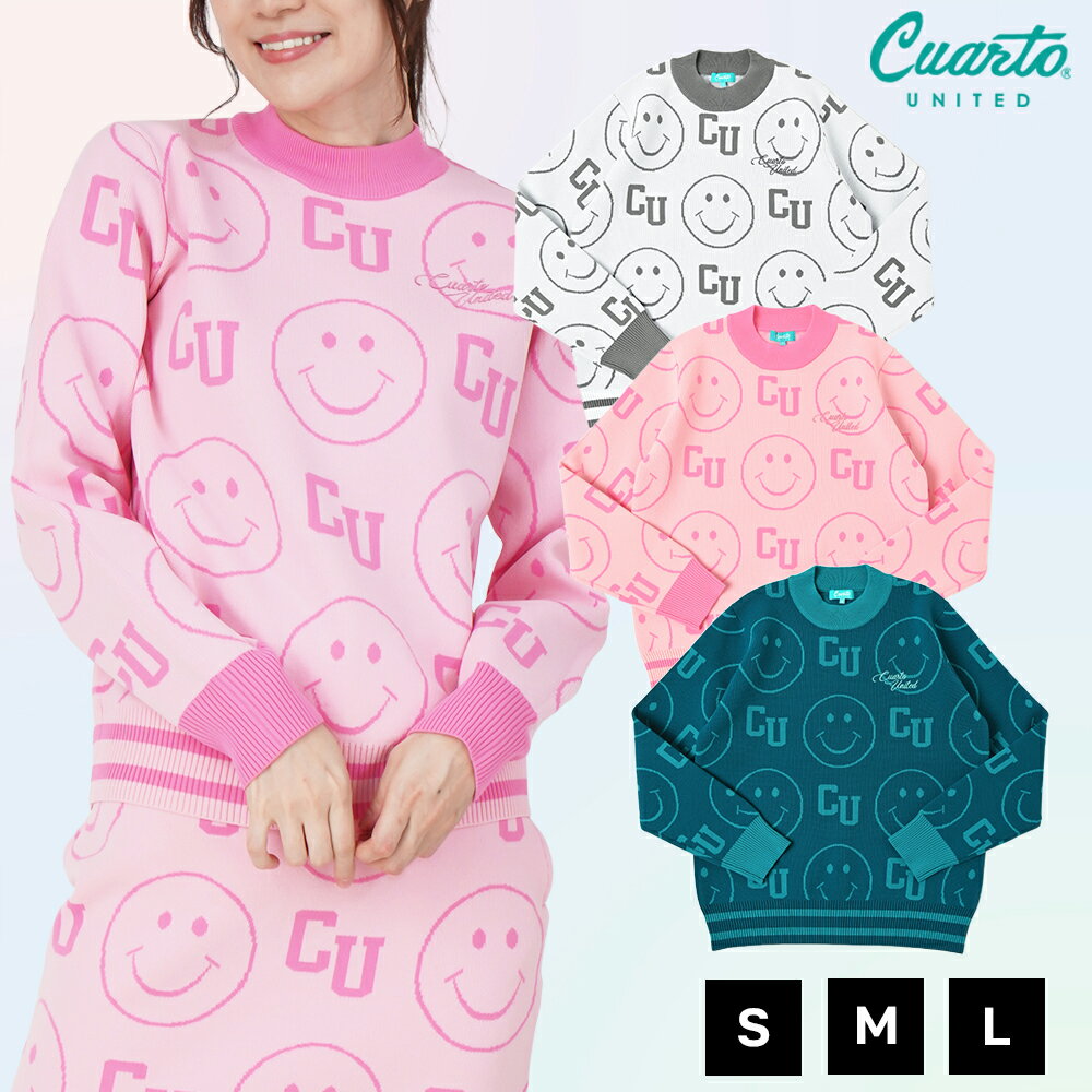 ニット プルオーバー トップス スマイル総柄 刺繍ロゴ レディース クアルトユナイテッド ゴルフウェア 23FW