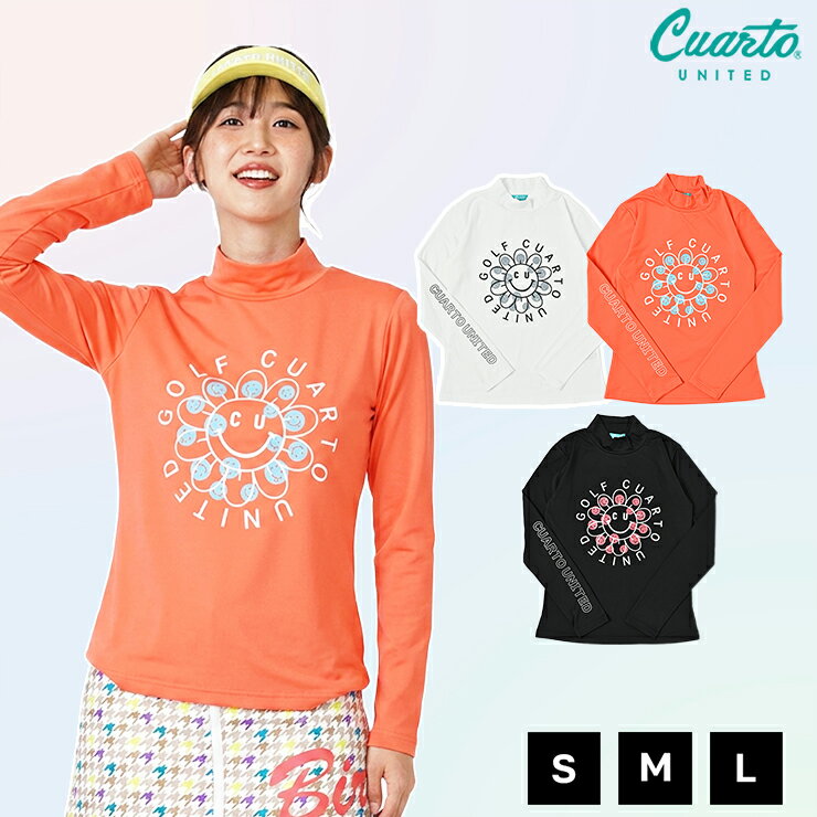 Flower Smile Mock Neck Shirt, Long Sleeve, Lightly Brushed, Women's, Cuarto United Golf Wear, Long-Sleeve T-Shirt, 23FW
