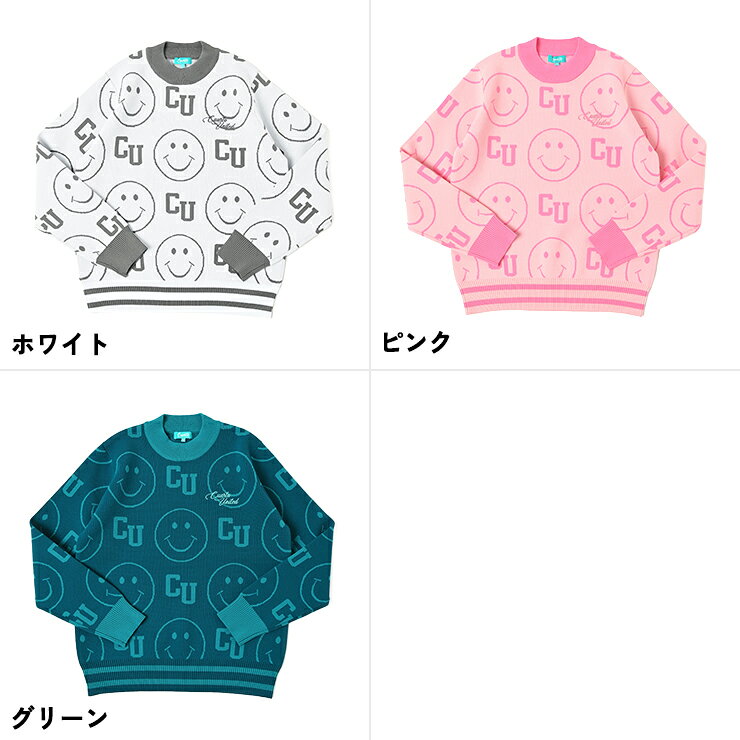 スマイル総柄ニットトップス プルオーバー 長袖 刺繍ロゴ レディース クアルトユナイテッド ゴルフウェア セーター 23FW
