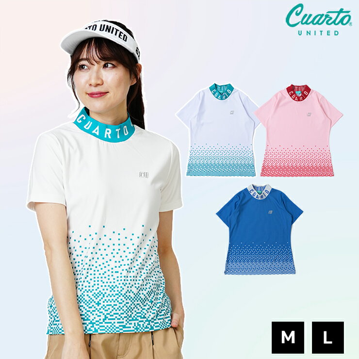 Mock neck shirt, short sleeves, polka dot gradient, jacquard collar, women's, Cuarto United golf wear, 24SS