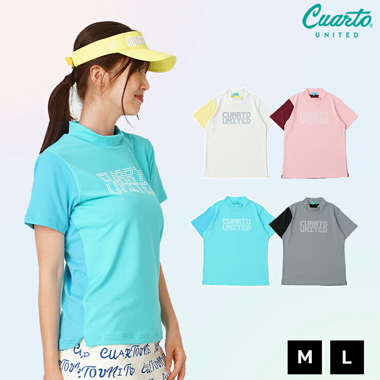 Mock neck shirt, short sleeves, color-block design, front logo, women's, Cuarto United golf wear, 24SS