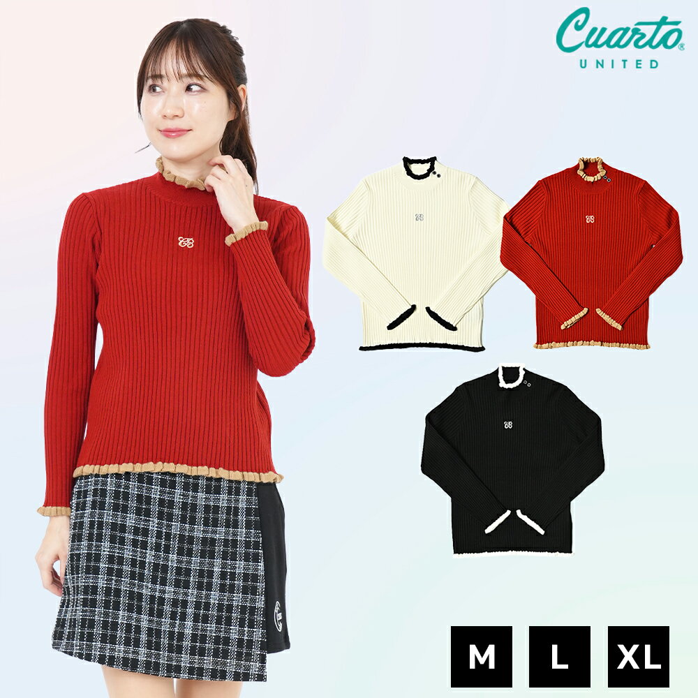 ニットトップス プルオーバー 配色フリルリブ ラメ刺繍ロゴ レディース クアルトユナイテッド ゴルフウェア 25FW 新作