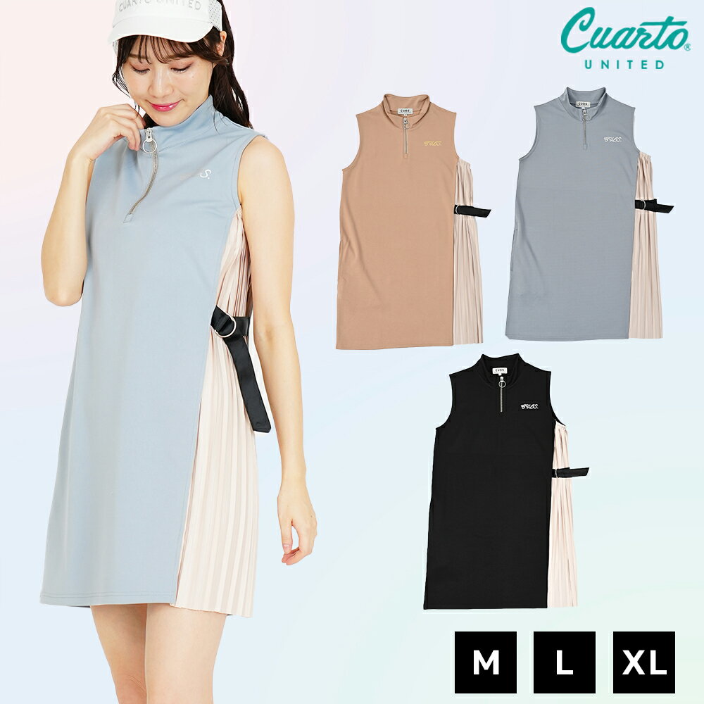 モックネック ワンピース ノースリーブ 切替プリーツ ポケット プリントロゴ レディース クアルトユナイテッド ゴルフウェア 25SS