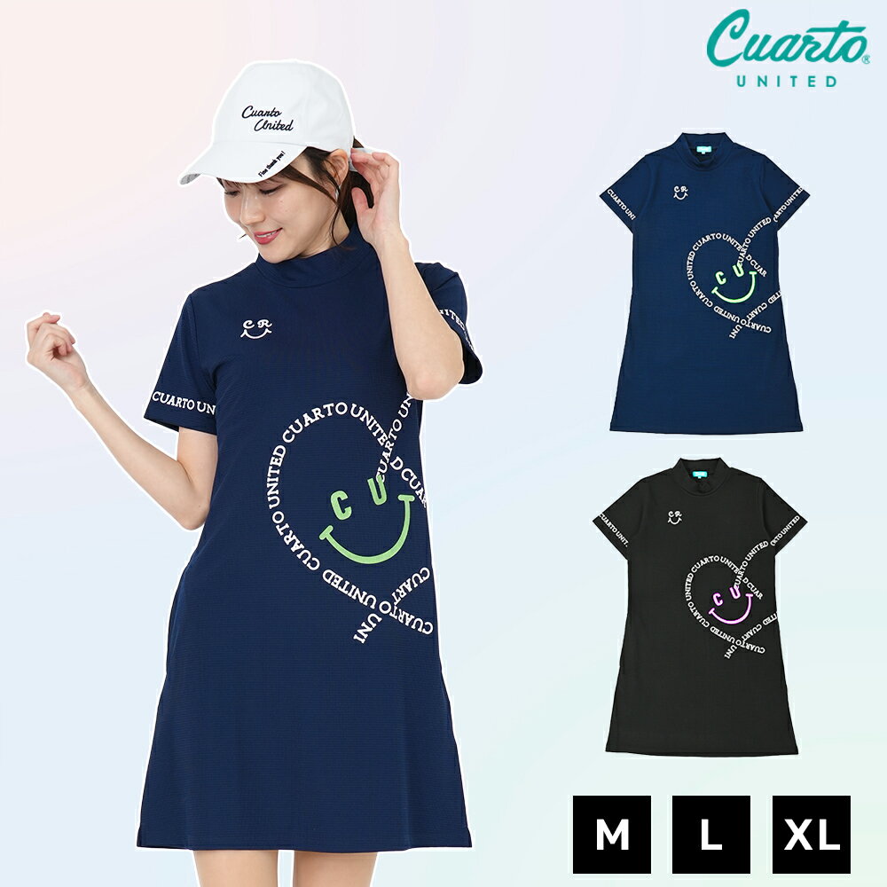 A-line dress, short-sleeved, cut and sewn, with smile heart logo, women's, Cuarto United golf wear, 25SS