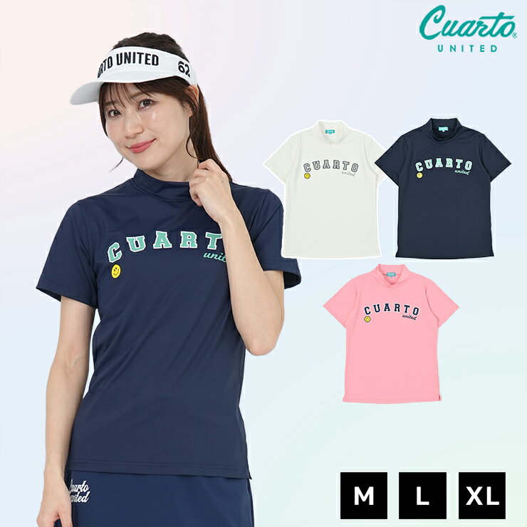 Mock neck shirt, short sleeves, smiley face front logo, STANDARD, women's, Cuarto United golf wear, 25SS [Official Limited Edition]