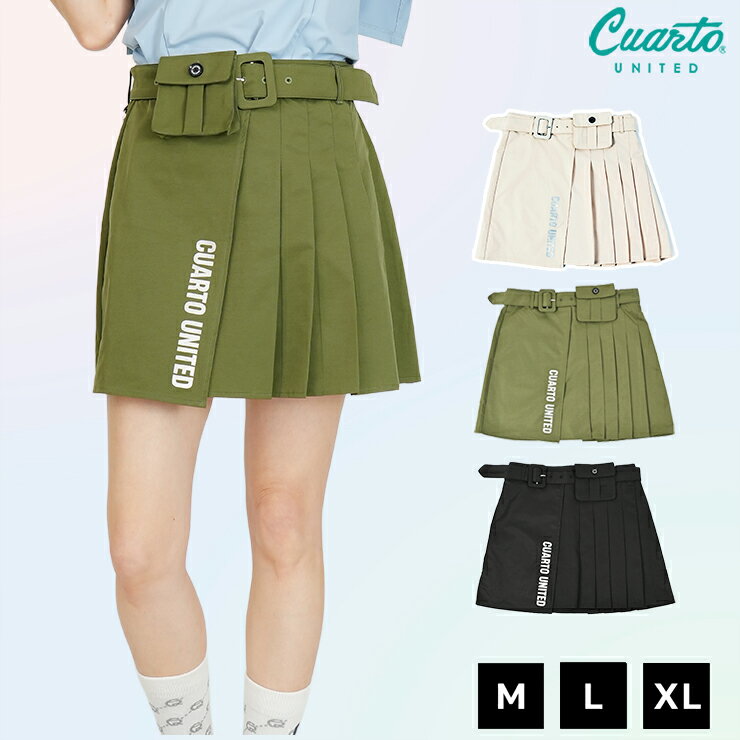 Twill pleated skirt with belt and mini waist pouch, metallic logo, women's golf wear, Cuarto United, 25SS