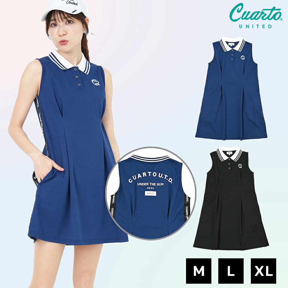 ポロワンピース ノースリーブ 吸汗速乾 ウエストタック ポケット サイドロゴテープ レディース クアル..