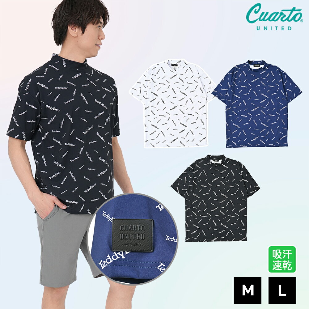 Shirts - [Teddy Bear] モックネックシャツ 半袖 吸汗速乾 ロゴ総柄 ワッペンロゴ テディベア メンズ クアルトユナイテッド ゴルフウェア 25SS