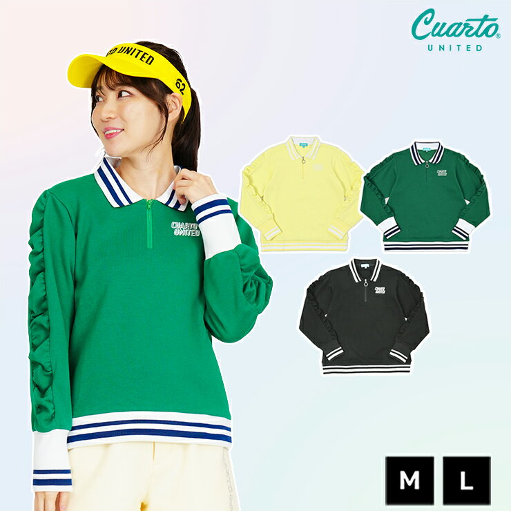 Gathered Sleeve Half-Zip Polo Shirt, Long Sleeve, Striped Rib, Women's, Cuarto United Golf Wear, 25SS