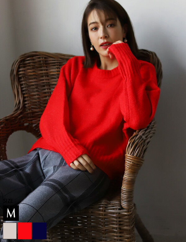 ニット (39-0246) レディース ショート クルーネック 暖かい 秋冬 オーバーサイズ ゆったり ヤクライク ふんわり 軽い 軽量 ワイド オフ ホワイト ブルー レッド ブラック