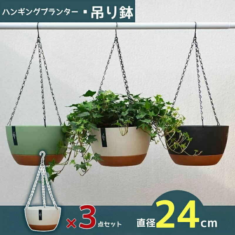 吊り鉢 植木鉢 ハンギングバスケット口径24cm 3っ点セット壁掛け 吊るす 吊り下げ おしゃれ 観葉植物 屋内 室内 店舗 ディスプレイ お店 多肉植物 底穴