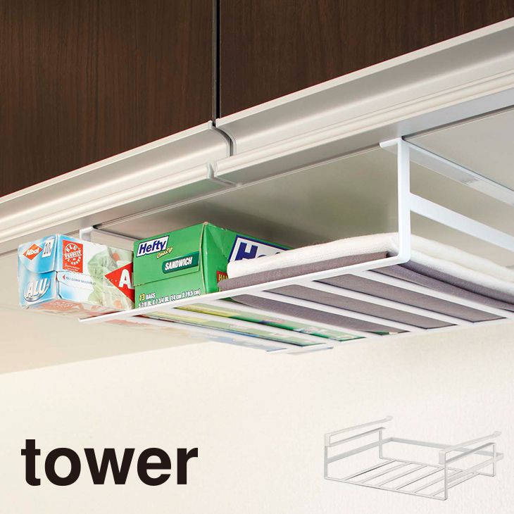 商品詳細■商品名戸棚下収納ラック タワー L（ホワイト）■商品説明キッチンをスタイリッシュに演出する「tower（タワー）」シリーズの戸棚下収納ラックです。ラップや布巾などのキッチン小物を、スタイリッシュにストックできます。レシピ本など、A4サイズの雑誌も収納できます。■サイズ約 幅30.5×奥行26.0×高さ9.5cm■材質スチール（粉体塗装）■カラーホワイト■生産国中国■備考【耐荷重】約2kg【取り付け可能な吊り下げ戸棚】棚板の厚さ/約1.4〜2cmまで、扉と棚板との隙間/約3mm以上
