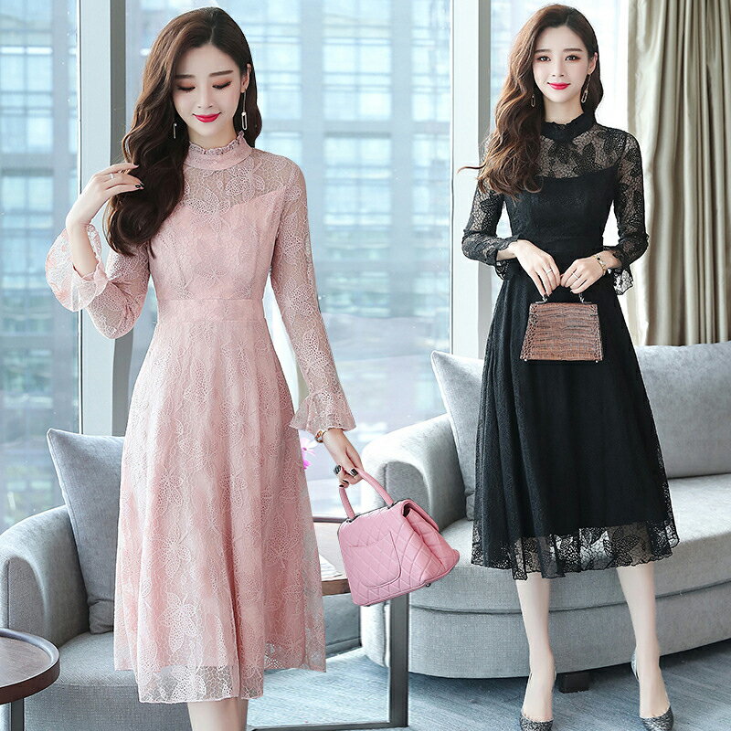 ドレス ワンピース 結婚式ドレス レディース 総レース パーティードレス 長袖 通勤 お呼ばれ 二次会 ドレス おしゃれ ブラック ピンク ベージュ S M L XL 2XLのサムネイル