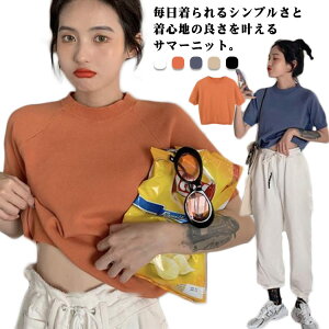 サマーニット 半袖 レディース カットソー Tシャツ 半袖ニット サマーセーター ニットソー トップス 薄手 プルオーバー リブニット プチハイネック パワショル タートル ハイネック パフスリーブ 涼しい 無地 冷房対策 tシャツ 送料無料