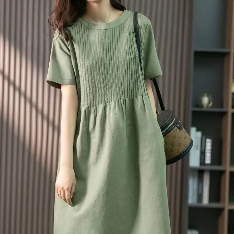 ロングTシャツ チュニックワンピース レディース ロングワンピース 半袖 クルーネ...