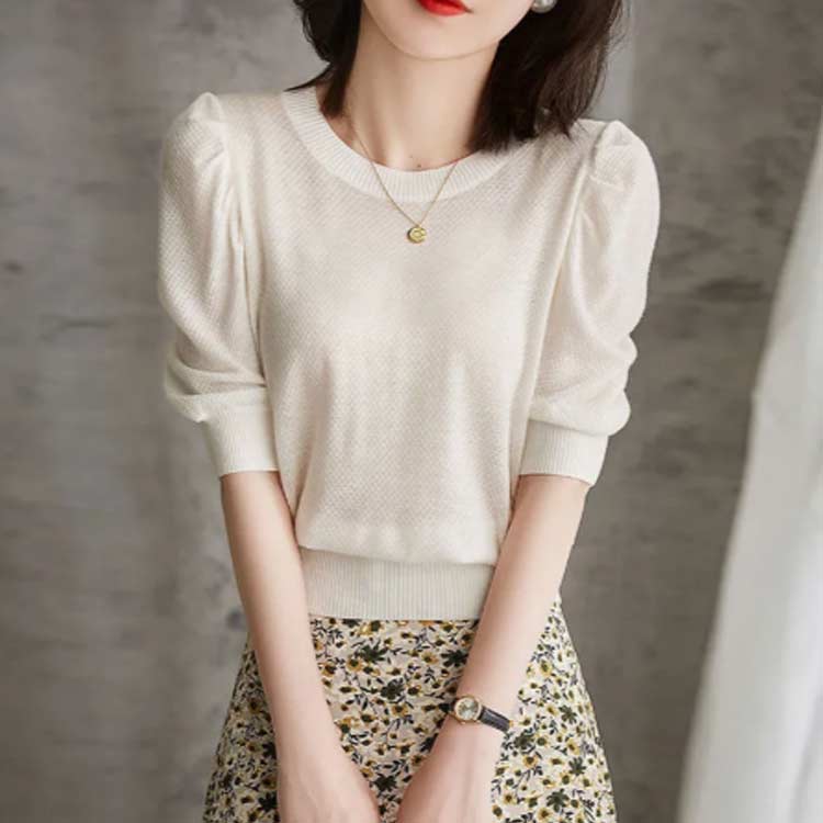 送料無料 サマーニット パワショルダー 五分袖 カットソー Tシャツ ニット セーター クルーネック パフスリーブ ボリューム袖 トップス 細見え ドルマン インナー 半袖 プルオーバー こなれ 上品 オフィス 春夏 3