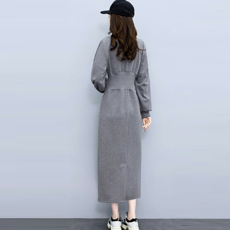 ロング 長袖 レディース ウエストデザイン ワンピース 通勤 バックスリット入り クルーネック 体型カバー 楽ちん きれいめ スウェット