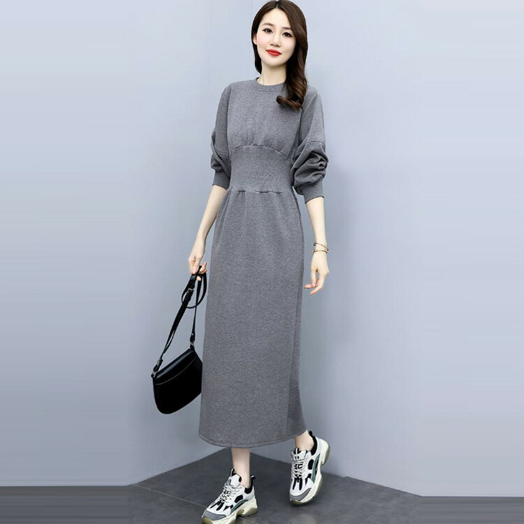ロング 長袖 レディース ウエストデザイン ワンピース 通勤 バックスリット入り クルーネック 体型カバー 楽ちん きれいめ スウェット