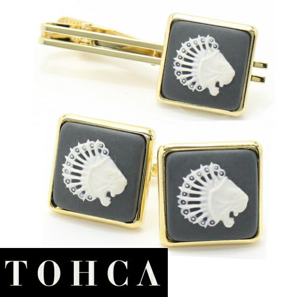 取寄品 陶華 TOHCA ゴールド スクウェア ライオンカメオ グレー カフスセット タイピンセット カフス 誕生日 贈り物 プチギフト ユニーク おもしろ 面...