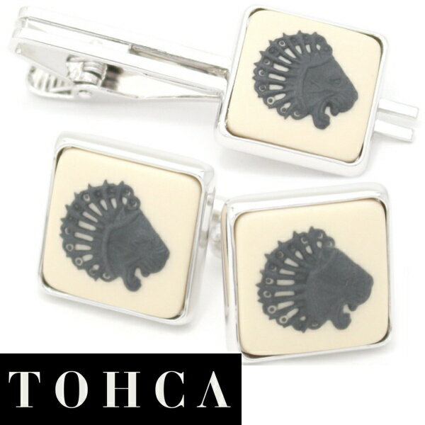 ネクタイピン カフス セット ブランド 陶華 TOHCA シルバー スクウェア ライオンカメオ ベージュ カフスセット タイピンセット カフス ユニーク おもし...