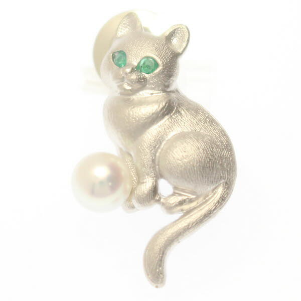 おすわり猫 エメラルドアイ アコヤ真珠パール6.5mmのラペルピン ブローチ タイタック スーツアクセサリー専門店 誕生日 プレゼント プチギフト おしゃれ カフスマニア